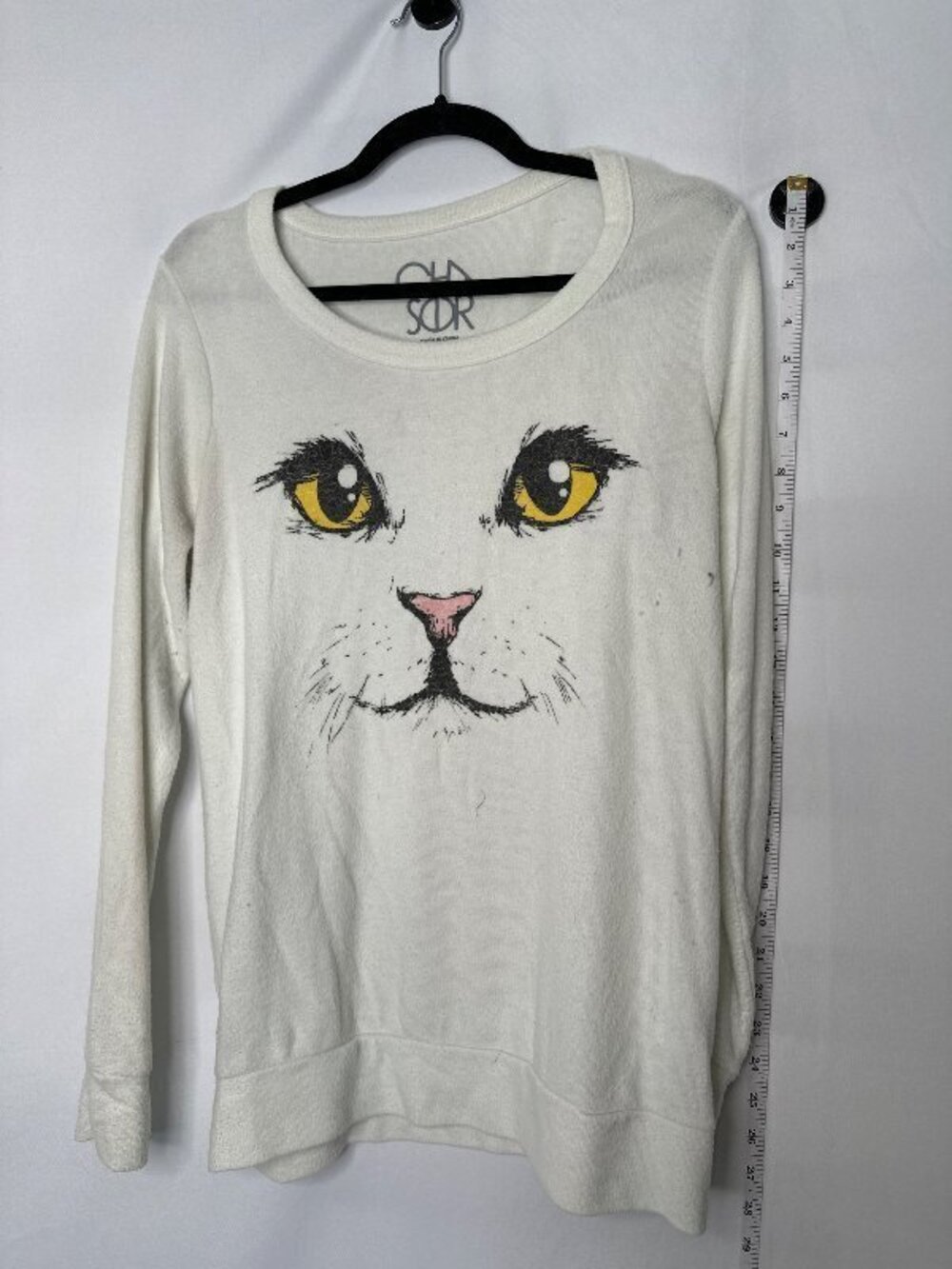Chaser Cat Face Graphic Scoop Neck Sweatshirt Women White Cozy Casual Cat Lover